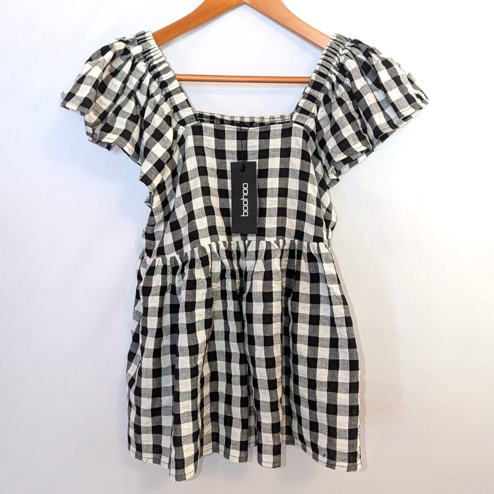 NWT Boohoo Maternity | Gingham Short Frill Sleeve Smocked Maternity Top | Size 4 - Picture 7 of 12